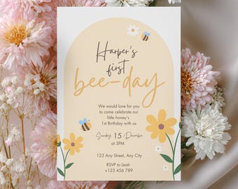 First Bee Day verjaardagsuitnodiging, bijenthema verjaardag, bewerkbare canvassjabloon, afdrukbare Instant Download, Honey Bee Party