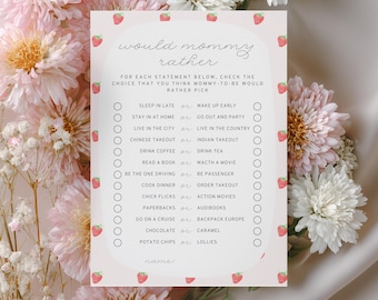 Zou mama liever babyshower spel afdrukbaar, Berry zoete aardbei meisje babyshower, instant download, A5 bewerkbare canva-sjabloon