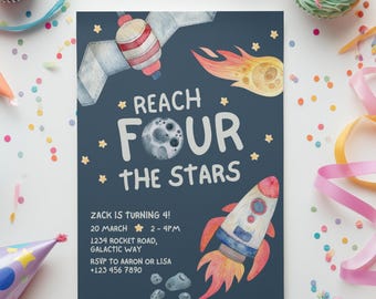 Verjaardagsuitnodiging Space: Reach Four the Stars, bewerkbare canva-sjabloon (digitale afdrukbare), verjaardagsfeestje Outer Space, Galaxy-thema