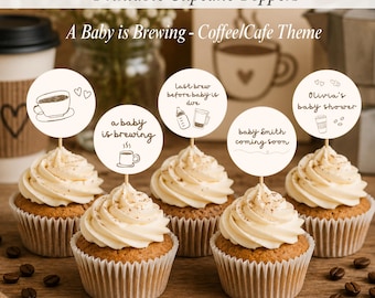 Sjabloon Een baby brouwt afdrukbare cupcaketoppers | Koffiethema babyshowerdecoraties | Bewerkbaar canvas afdrukbaar | Direct downloaden