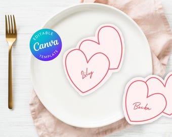 Hartvormige Moederdagkaartjes, bewerkbare canvassjabloon, afdrukbare instant download, Moederdagbrunch afdrukbare naamkaartjes