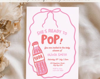 Sjabloon klaar voor uitnodiging babyshower, frisdrank babyshower uitnodiging, roze babyshower, She's Ready To Pop, Canva bewerkbare uitnodiging