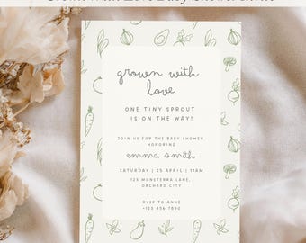 Grown With Love babyshower uitnodiging sjabloon, lokaal geteelde babyshower uitnodiging, bewerkbare canva uitnodiging, tuin babyshower groente thema