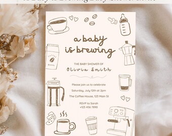 A Baby Is Brewing babyshower uitnodiging sjabloon, koffie babyshower uitnodigen, café thema babyshower, bewerkbare canvas uitnodiging herfst babyshower