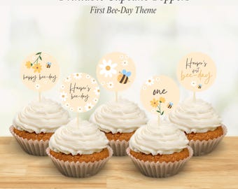 Verjaardag cupcake toppers, First Bee Day thema verjaardag, bewerkbare canvassjabloon, afdrukbare Instant Download, Honey Bee Party