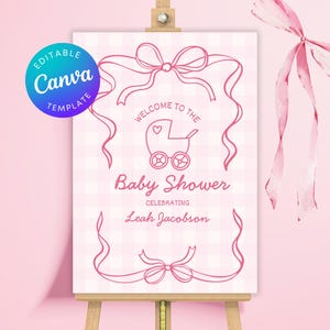 Editable Pink Bow Baby Shower Welcome Sign | A1 Editable  Pink Gingham Canva Template | Coquette Baby Girl Shower Printable Instant Download