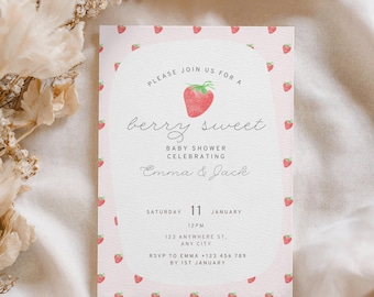 Baby showeruitnodiging aardbei, babyshower meisjes, Berry Sweet thema bewerkbare canvassjabloon, Instant Download