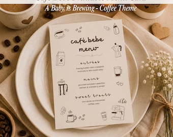 A Baby Is Brewing menukaartsjabloon, koffiethema babyshowermenu, Café Bebe afdrukbaar A5-menu, bewerkbaar Canva decor babyshower