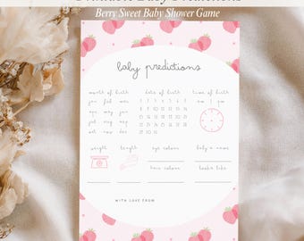 Berry Sweet Baby voorspellingen spel afdrukbare, bewerkbare kaart babyshower voorspellingen, aardbei meisje babyshower spel, canva-sjabloon
