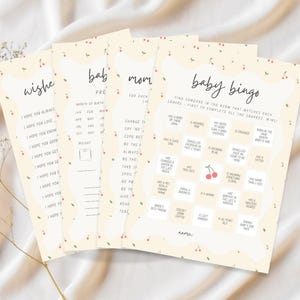 Lot de jeux de baby shower A5 modifiable | 4 jeux imprimables amusants | Modèle de toile sur le thème de la cerise | Baby Bingo, prédictions, conseils et souhaits
