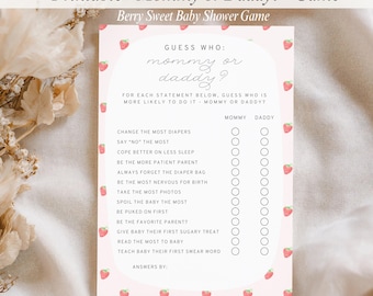 Berry Sweet babyshowerspel: mama of papa, bewerkbare A5-canvasjabloon, babyshoweractiviteit direct downloaden, thema aardbeimeisje