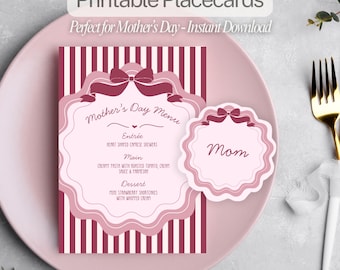 Afdrukbare naamkaartjes voor Moederdag | Bewerkbare tafelkaarten met golvende strik | Instellingen brunchtafel | DIY canvassjabloon