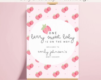 Bewerkbaar welkomstbord aardbei babyshower, A1-canvasjabloon, bord aardbei babyshower, roze meisje babyshower afdrukbare download