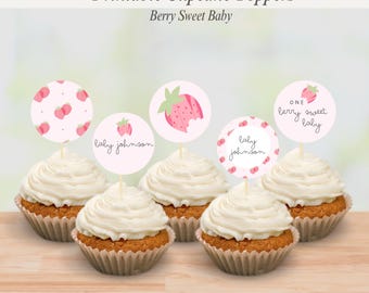 Berry babyshower cupcake toppers, Berry Sweet babyshower thema, bewerkbare canvassjabloon, afdrukbare Instant Download aardbei babyshower