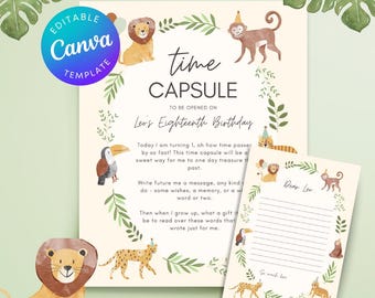 Wild One Birthday Time Capsule Schild & Karte: Dschungel-Thema (Canva Template - Digital Download)