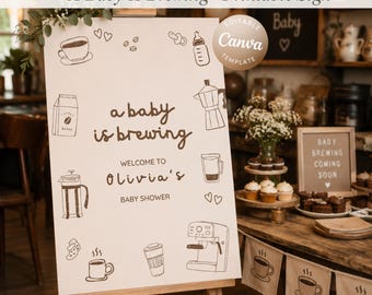 Sjabloon Een baby brouwt welkomstbord | Welkomstbord babyshower koffie | Bewerkbare canvas A1-poster | Cafe decoratie babyshower