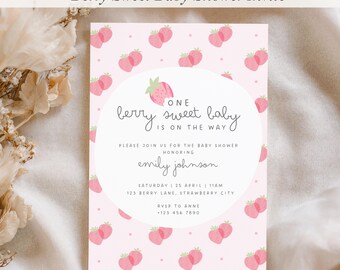 Bewerkbare Berry Sweet Baby Shower Uitnodiging, 5 x 7 Canva Sjabloon, Aardbei Baby Shower Uitnodiging, Pink Girl Baby Shower Afdrukbare Download