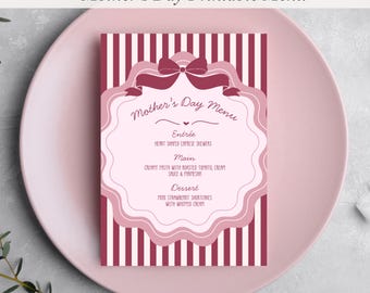 Bewerkbare Moederdagbrunchmenusjabloon, gestreepte menukaart, menu met striklint, afdrukbaar menu A5, bewerkbaar op canvas, Moederdagtafeldecor
