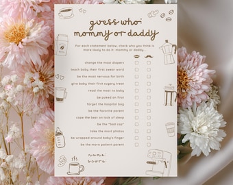Een baby is aan het brouwen, mama of papa Game | Koffie babyshower activiteit afdrukbaar, café thema babyshowerspel, bewerkbare canvassjabloon A5