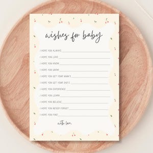 Plantilla de tarjeta de deseos para bebé / Juego de baby shower de Canva A5 editable / Recuerdo imprimible para bebé / Temática de cerezas / Baby shower con cerezas