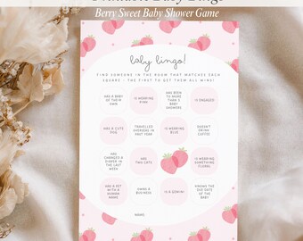 Berry Sweet babyshower bingospel, afdrukbaar babyshowerspel, bewerkbare canvassjabloon, aardbei babyshoweractiviteit
