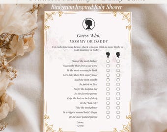 Bridgerton-spel babyshower | Voorspellingen en advieskaart | Bewerkbare canvassjabloon | Regentschap A5 afdrukbare activiteit | Direct downloaden