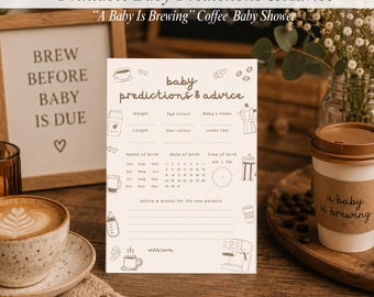 Kaart met voorspellingen en advies voor baby's | Koffie babyshower activiteit afdrukbaar, café thema babyshowerspel, bewerkbare canvassjabloon A5