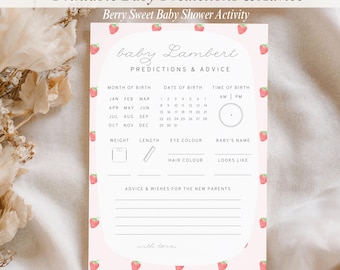 Babyshowerspel aardbei: voorspellingen en advies, thema bessen zoet, bewerkbare en afdrukbare canvassjabloon, babyshower meisje aardbei