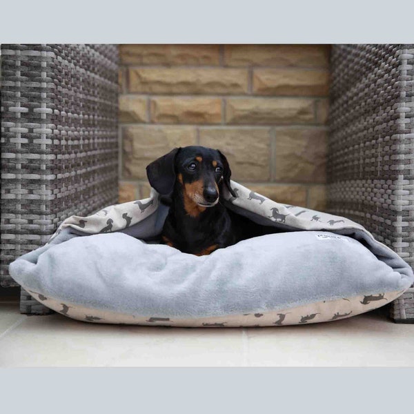 Dachshund Doggy Den Bed in Natural, Cream, Beige, Grey, Personalised Dog Bed