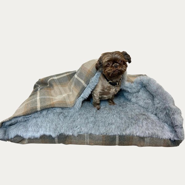 Tartan Doggy Den Bed in Antique Gold - Personalised Cave Dog Bed, Grey, Beige, Gold, Neutral Interior