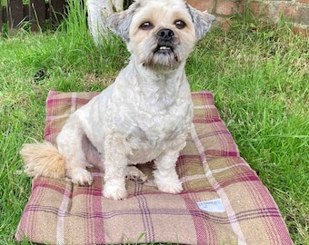 Dog Training Mat, Settle Mat, Travel Dog Bed. THE PICNIC PAD in Heather Tartan. Brown, Green, Burgandy Check