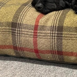 Könnte beinhalten: Ein schwarzer Hund schläft auf einem großen, rechteckigen Hundebett mit einem karierten Muster in Braun-, Grün- und Rottönen. Das Bett hat ein Etikett mit der Aufschrift "Designed for Dogs".