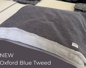 Personalised Dog Den Bed: Oxford Blue Tweed
