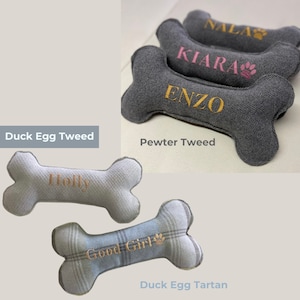 pewter and duck egg tweed and tartan standard gold  and pink embroidered dog bones toys
