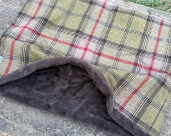Tartan Dog Snuggle Sack: Luxury Hunter Plaid & Faux Fur Pet Sleeping Bag