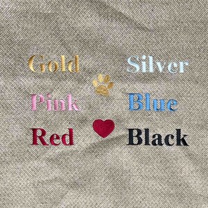 embroidery colour and icon options: gold, silver, pink, blue, red, black, heart and paw print.