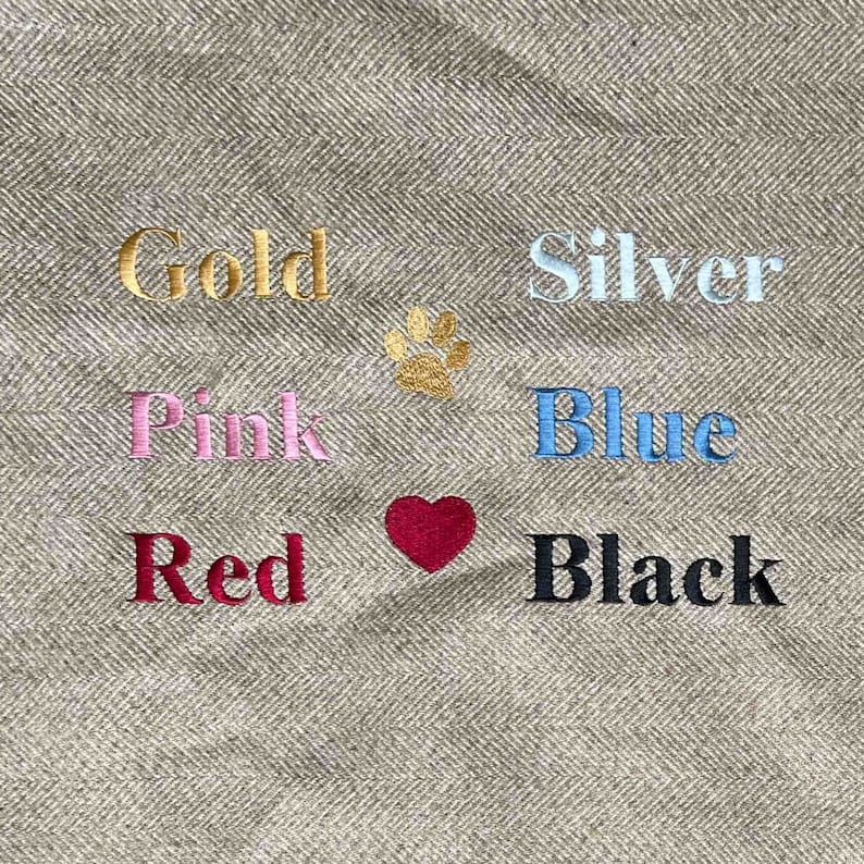 embroidery colour and icon options: gold, silver, pink, blue, red, black, heart and paw print.