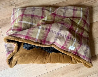 Personalised Tartan Dog Den Bed: Burrowing Calming Cave in Heather Tartan