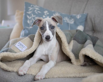 Farmhouse Tartan Snuggle Sacks for Dogs & Puppies, Luxury Sleeping Bag for Pets in Cream, Blue and Grey