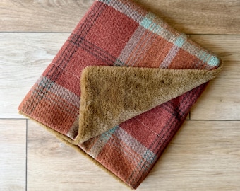 Warm Spice Tartan and Faux Fur Personalised Dog Blanket, Sofa Throw, Orange, Copper Check