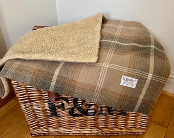 Grey and Beige Check Personalised Dog Blanket, Soft Throw in Antique Gold Tartan