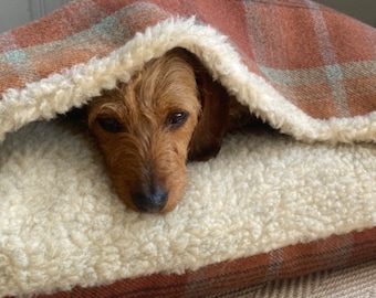 Tartan Doggy Den Bed en Warm Spice - Cama personalizada para perros cueva, naranja, cobre, marrón óxido