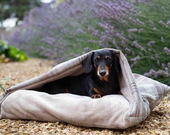 Premium Check Doggy Den Dog Bed - in Elephant Grey Brown Luxury Personalised Dog Bed