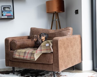 Hunter Tartan Personalised Dog Blanket, Sofa Throw in  Green, Beige & Red Check