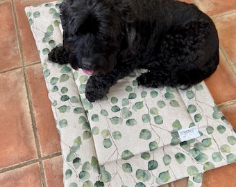 Sage Green Leaves PICNIC PAD - Dog Settle Mat in Leaf Print Cotton, Dog Travel Bed