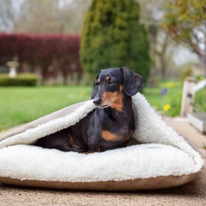 miniature dachshund dog sat in handmade doggy den / cave bed. envelope opening. stone brown herringbone tweed outer lined with cream faux sheepskin. machine washable cover. memory foam and orthopaedic foam crumb inner cushion.