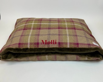 Personalised Tartan Dog Den Bed: Burrowing Calming Cave in Heather Tartan