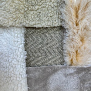 stone (brown herring bone tweed fabric with lining fabric options: cream faux sheepskin, taupe super soft fleece, oatmeal faux sheepskin and luxury faux fawn fur.