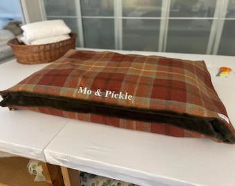Personalised Tartan Dog Den Bed: Burrowing Calming Cave in Warm Spice Tartan