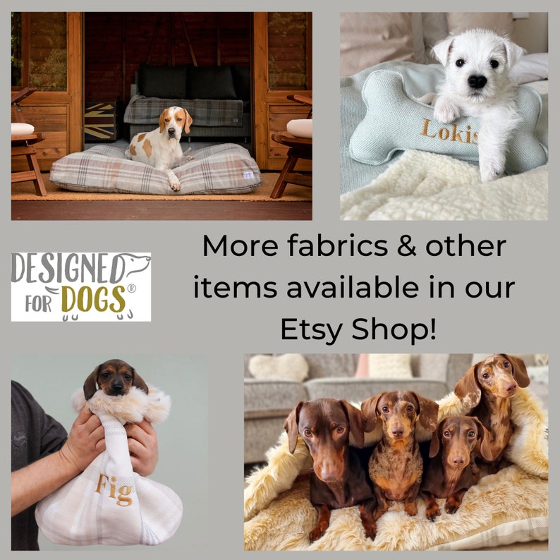 May include: A collection of dog beds and blankets featuring a variety of fabrics and colors. The beds are personalized with the names "Loki" and "Fig". The text "DESIGNED FOR DOGS" is also visible in the image.